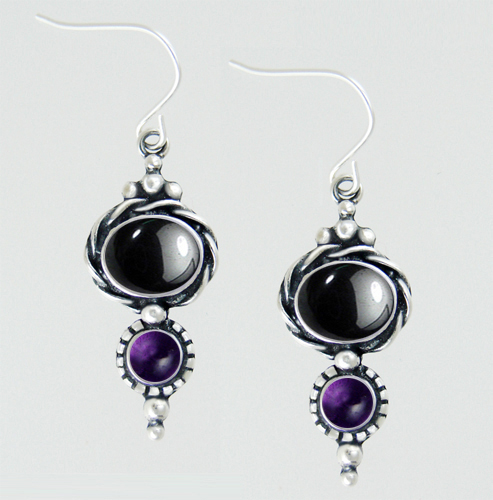 Sterling Silver Drop Dangle Earrings With Hematite And Amethyst